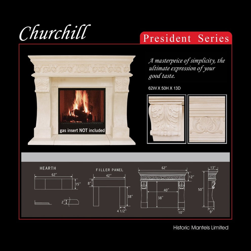 President Series Churchill Cast Stone Fireplace Mantel