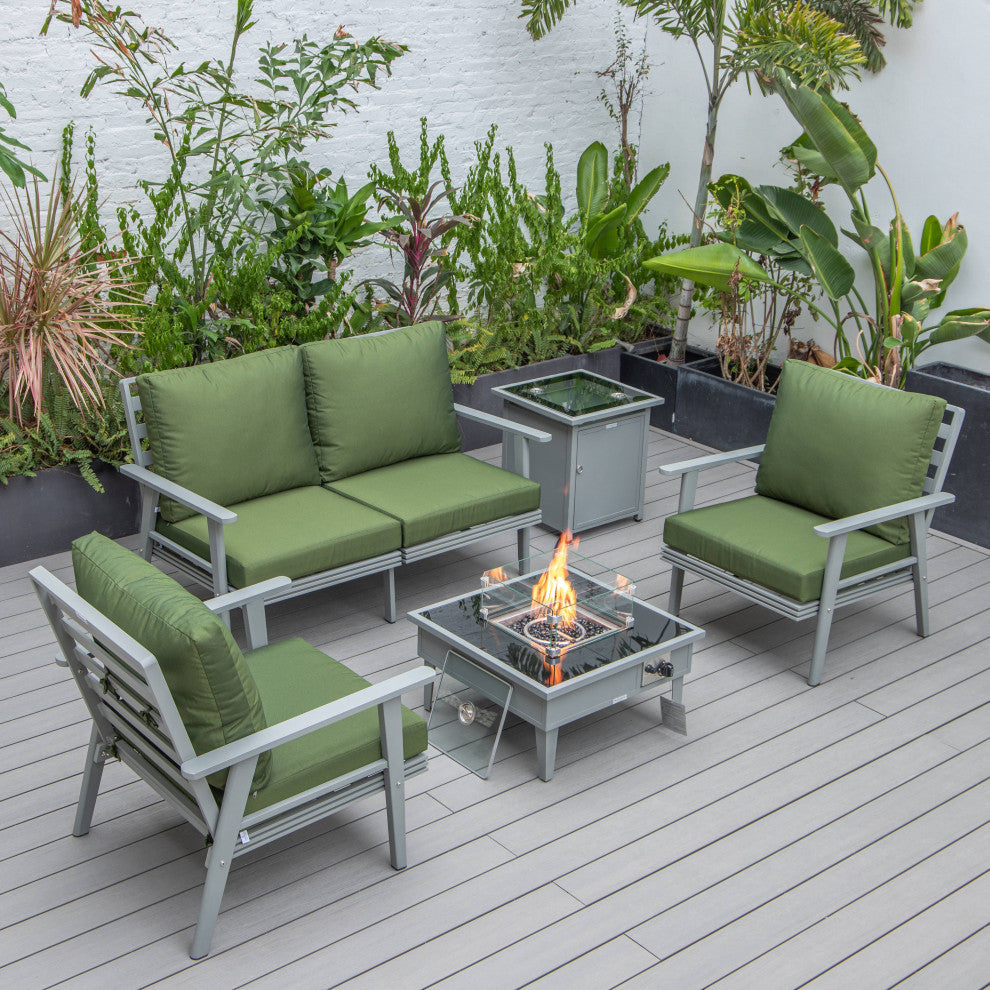LeisureMod Walbrooke Grey Patio Sofa Set With Square Fire Pit Table, Green