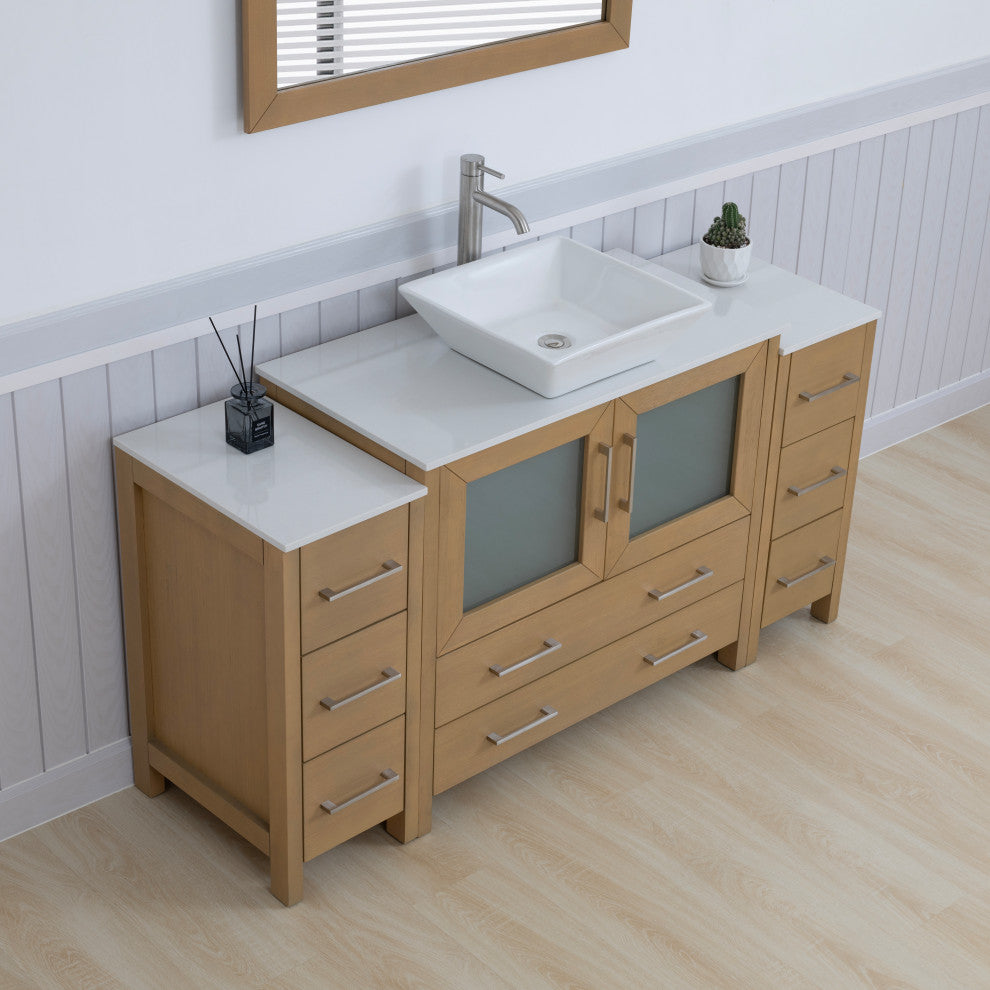 Vanity Art Vanity Set With Vessel Sink, Natural Oak, 60", Standard Mirror