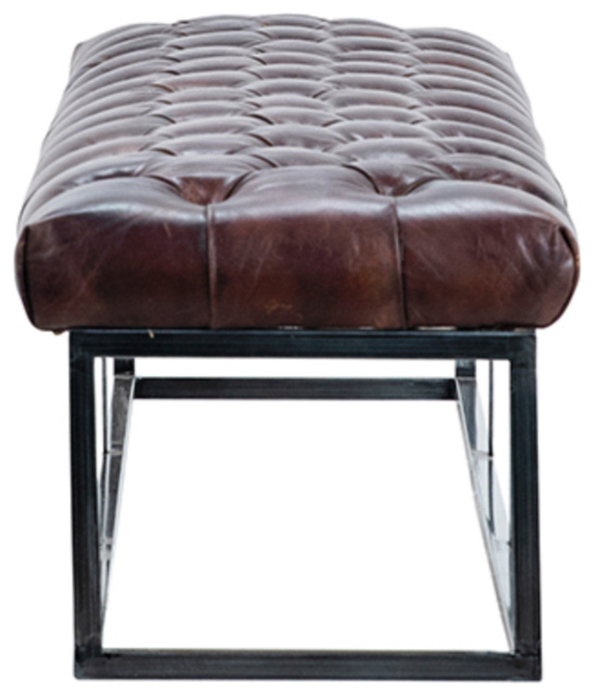 Tufted Leather and Iron Bench