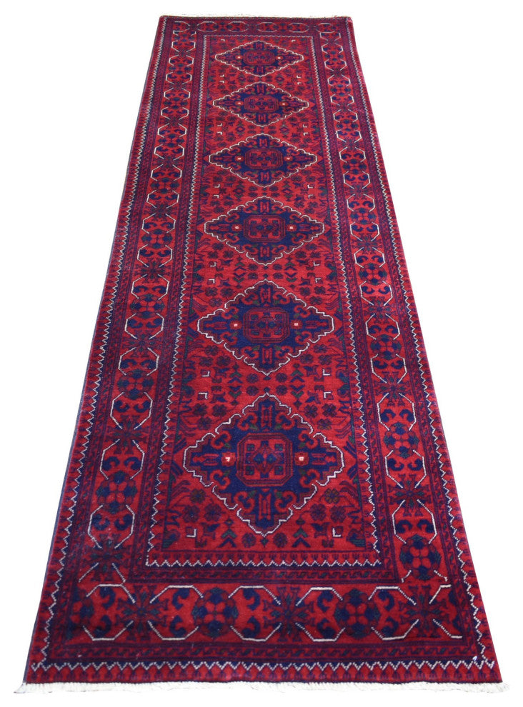Red Tribal Design Hand Knotted Afghan Khamyab Wool Runner Oriental Rug 2'8"x9'7"