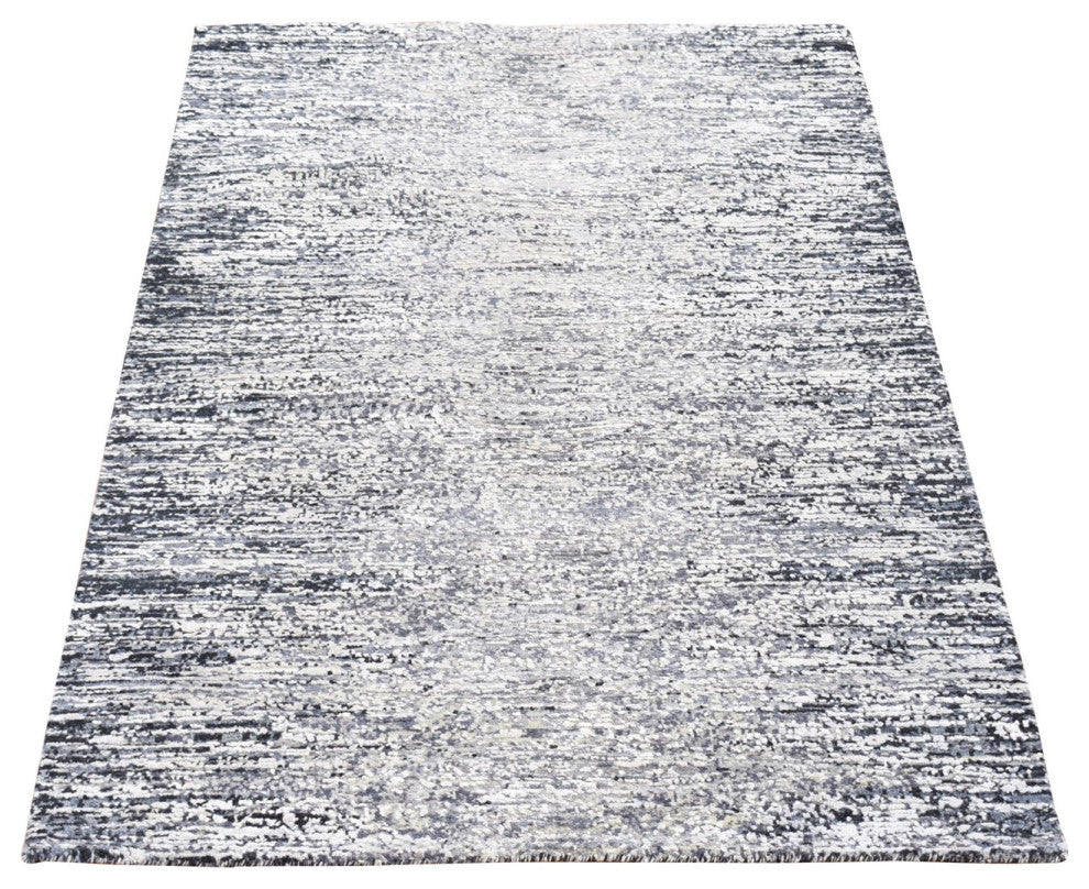 Black Pure Silk and Wool Modern Design Hand Knotted Mat Rug, 3'0" x 5'0"