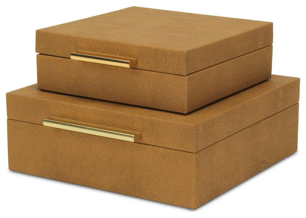 Lusan Square Decorative Box Set, Camel Brown Faux Shagreen