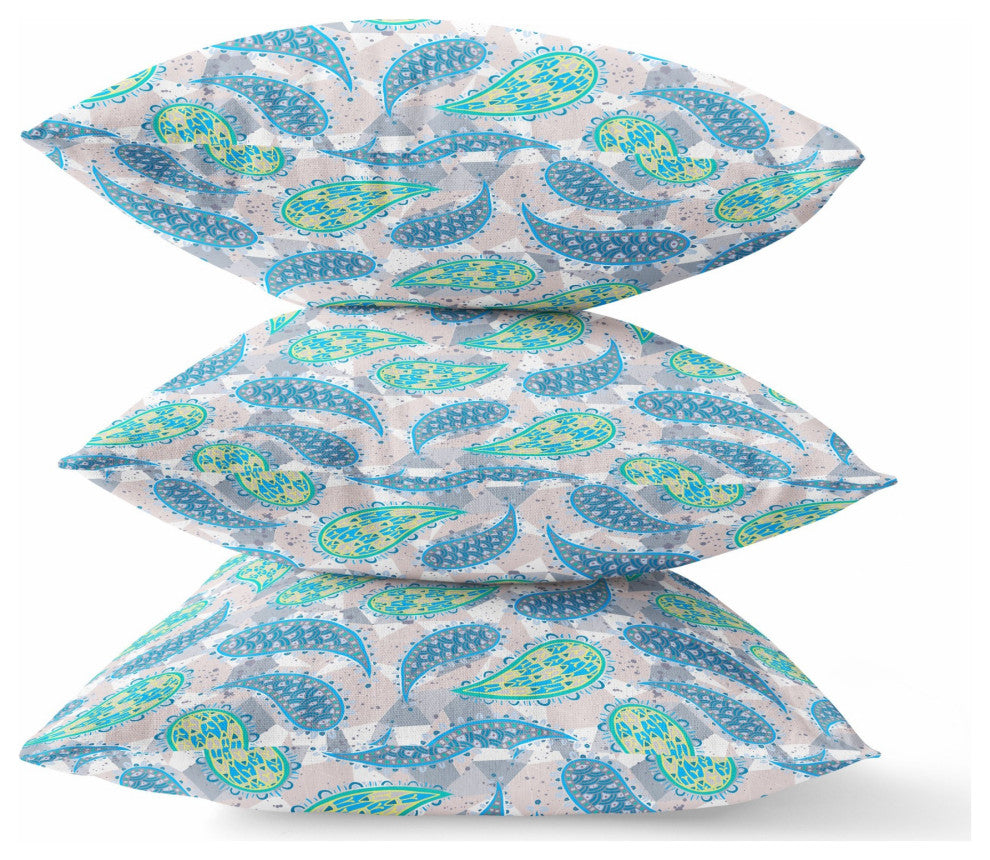20" Green Indigo Boho Paisley Indoor Outdoor Throw Pillow