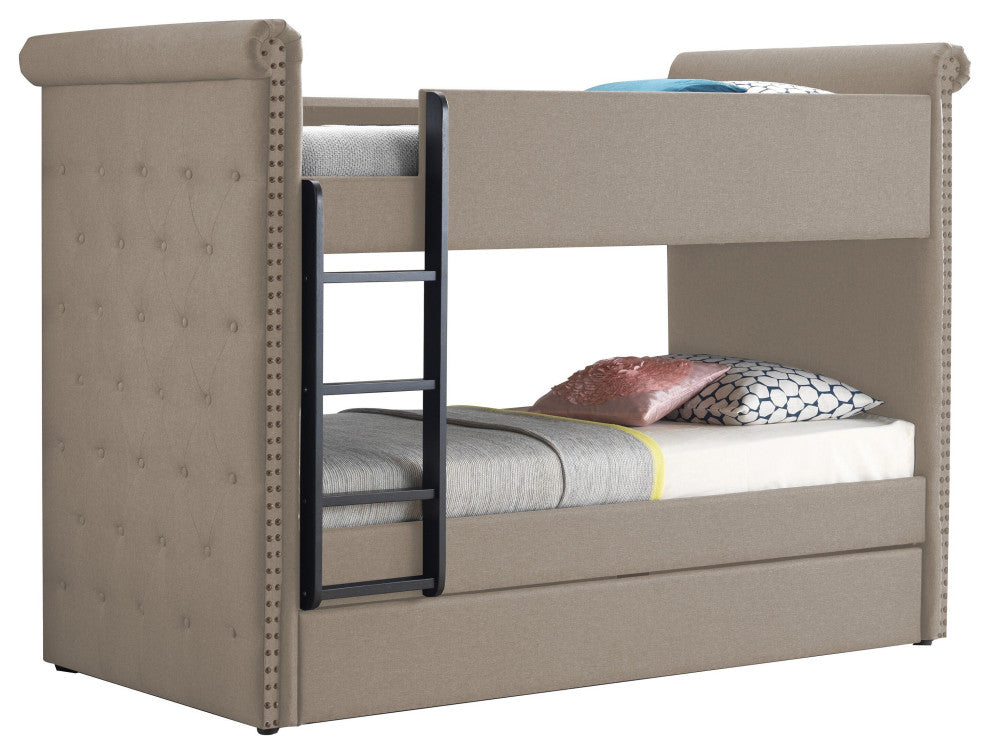 Benzara BM214899 Twin Size Bunk Bed With Nailhead Trim, Beige/Black