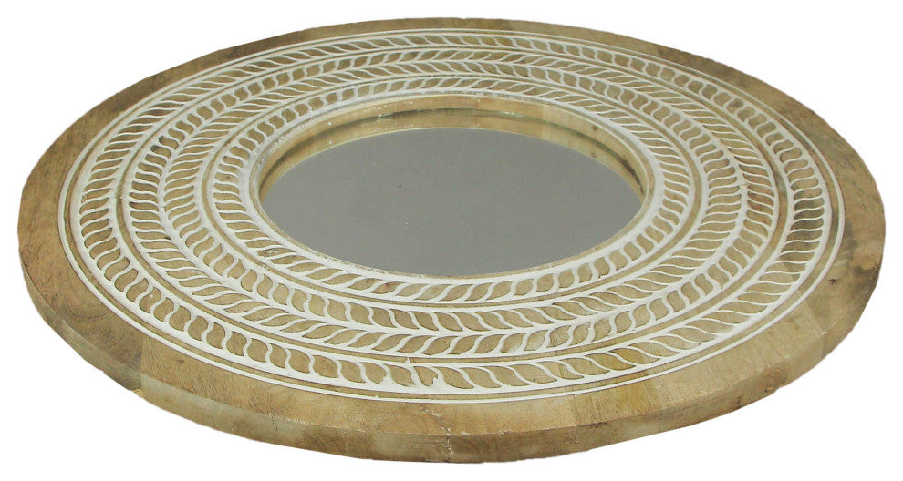 Carved Wooden Frame Round Wall Mirror 23.5 Inch Diameter Hand Painted Accents