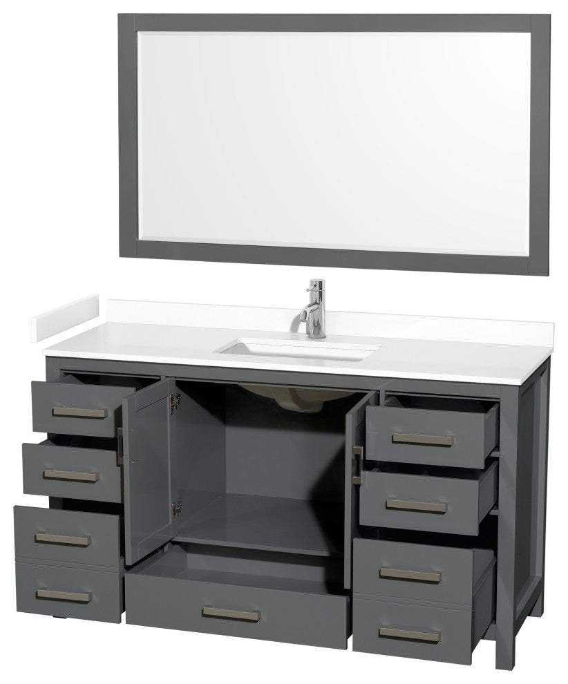 60"SGL Bathroom Vanity Dark Gray, White Cult. Marble Countertop, Sink, 58"Mirror