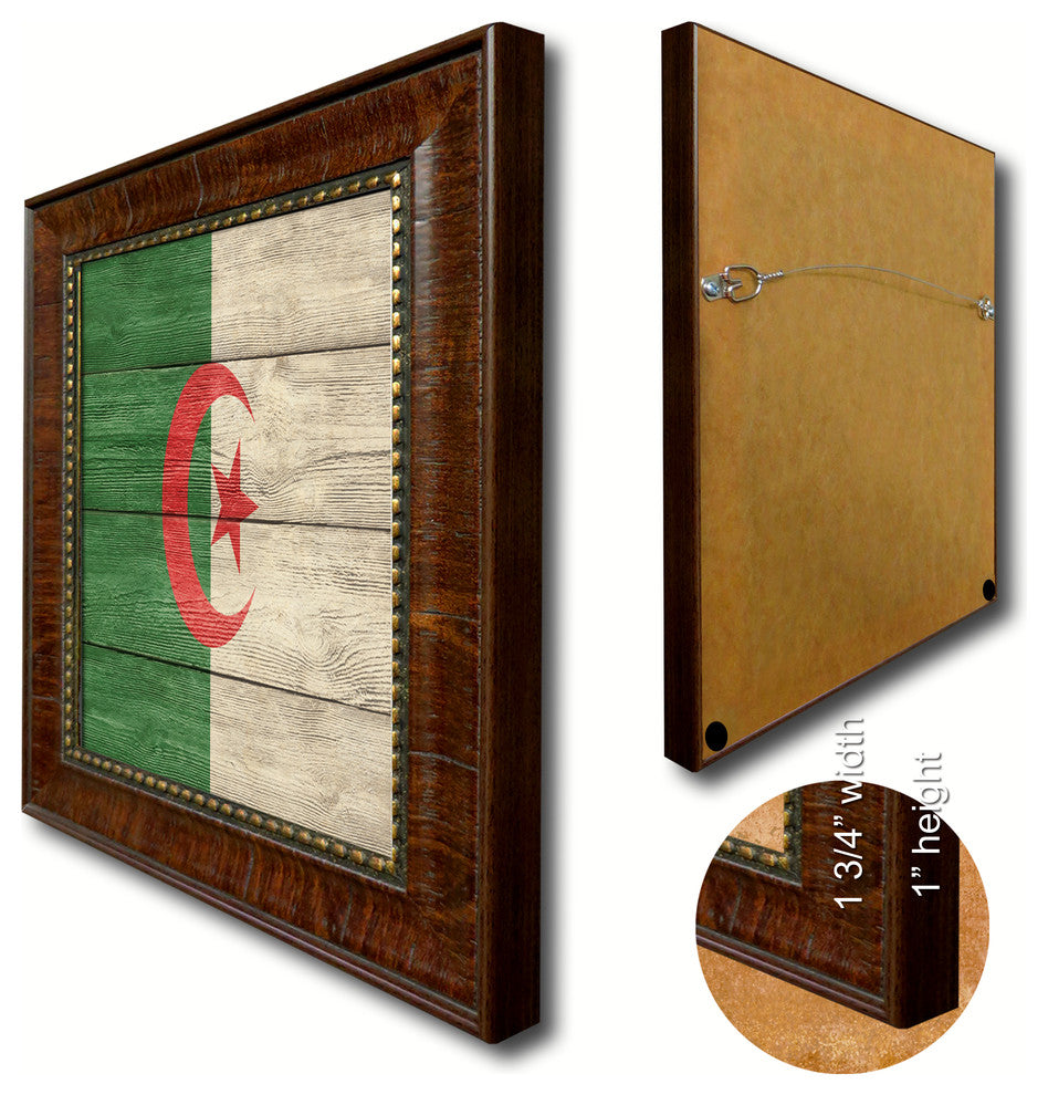 Algeria Country Textured Flag Print With Brown Gold Frame, 15"X21"