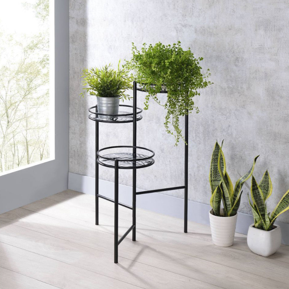 Metal Plant Stand With 3 Open Compartments, Black