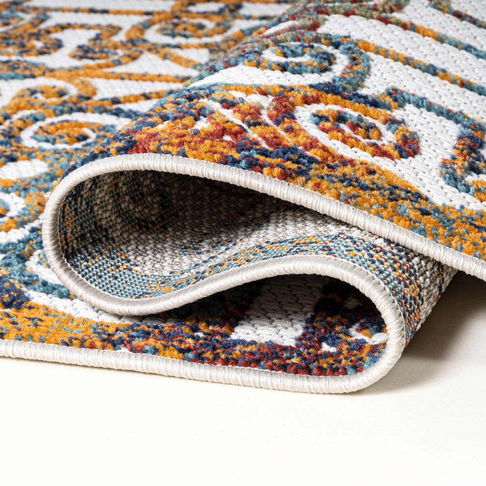 Cetara Ornate Trellis Indoor/Outdoor Area Rug, Cream/Blue/Orange, 2 X 8