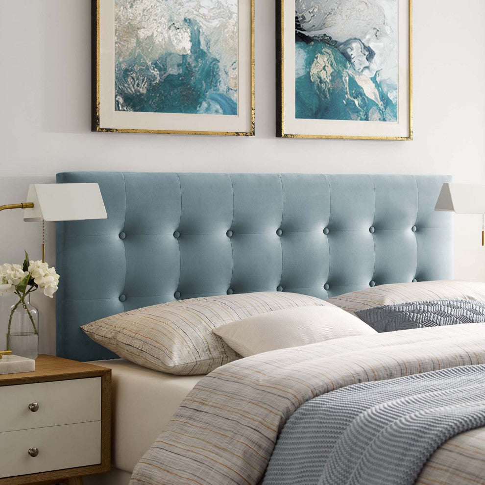 Contemporary Modern Full Size Tufted Headboard, Velvet Fabric, Light Blue