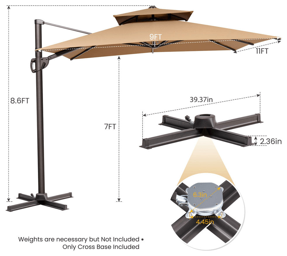 11' Tan Polyester Round Tilt Cantilever Patio Umbrella With Stand