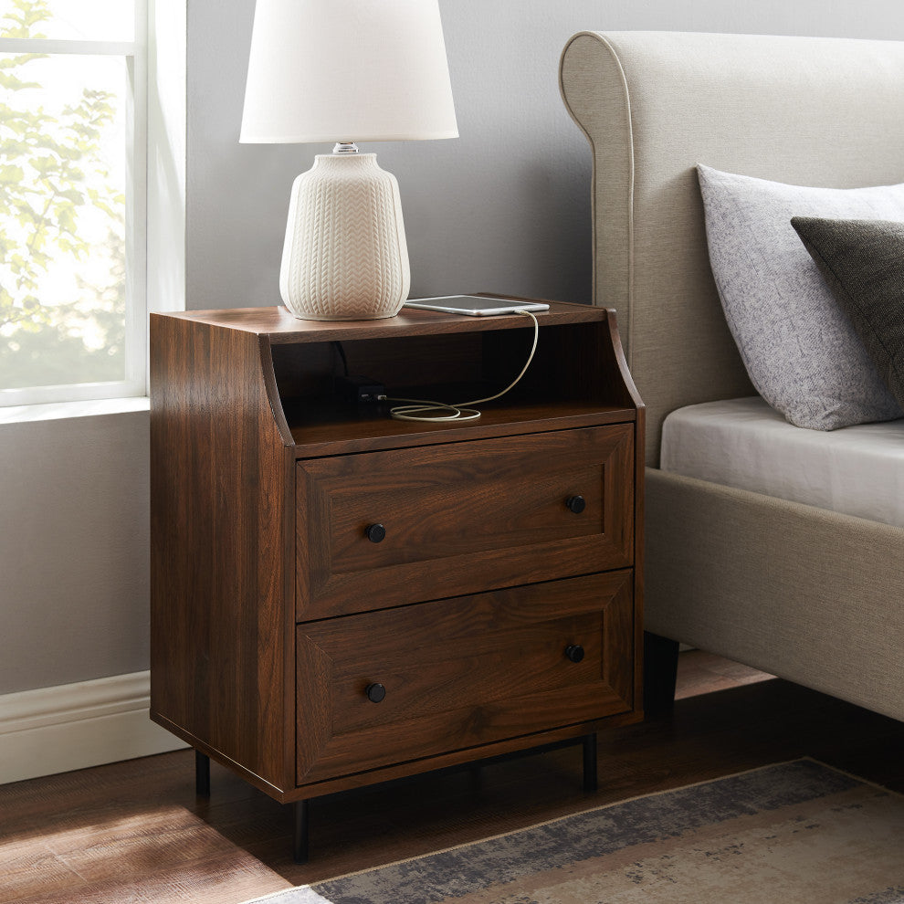 22" Curved Open Top 2 Drawer End Table With USB, Dark Walnut