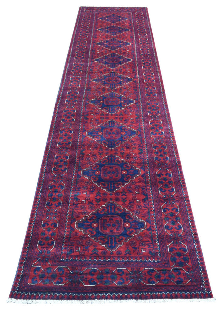Red, Afghan Khamyab, Soft Wool Hand Knotted Runner Rug, 2'10"x13'0"