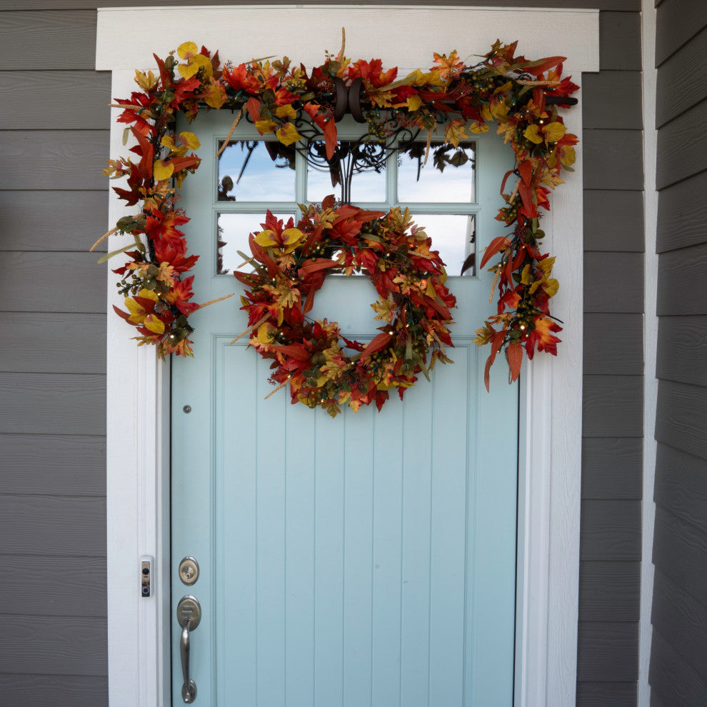 9' Artificial Garland with Lights, Fall Harvest Leaf