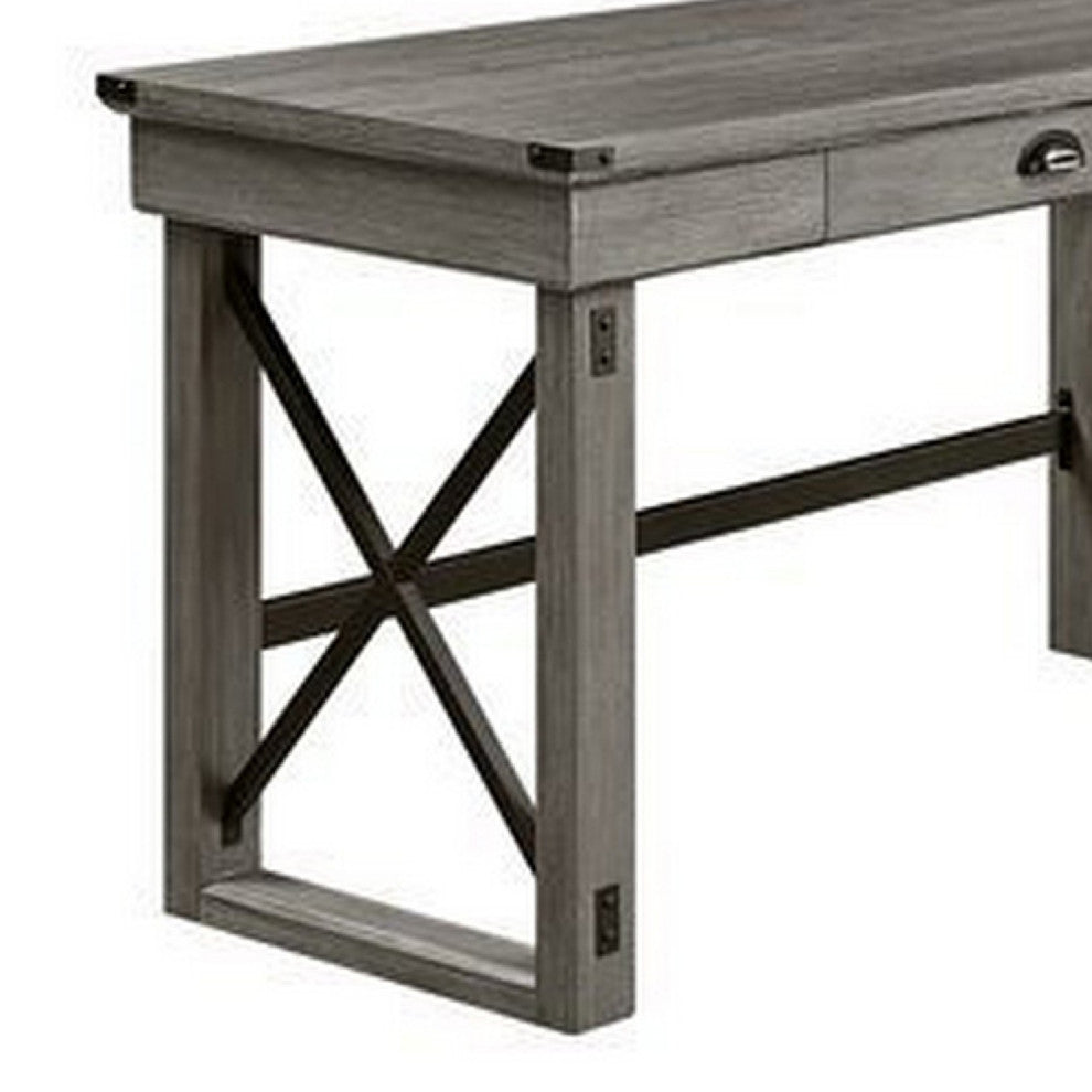 Benzara BM269055 L Shaped Writing Desk With Lift Top and Sled Base, Oak Gray