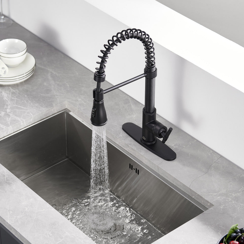 Single Handle Kitchen Faucet Pull-Down Sprayer, 360 Swivel, Three Functions, Matte Black