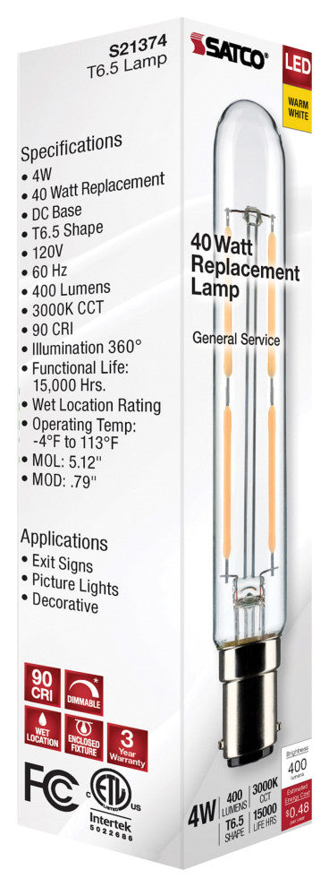 4W T6.5 LED, Clear, Double Contact Bayonet Base, 3000K, 400 Lumens, 120V