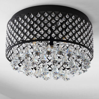 Evelyn 3-Light Crystal Drops and Metal LED Flush Mount, Black/Clear, Width: 17"