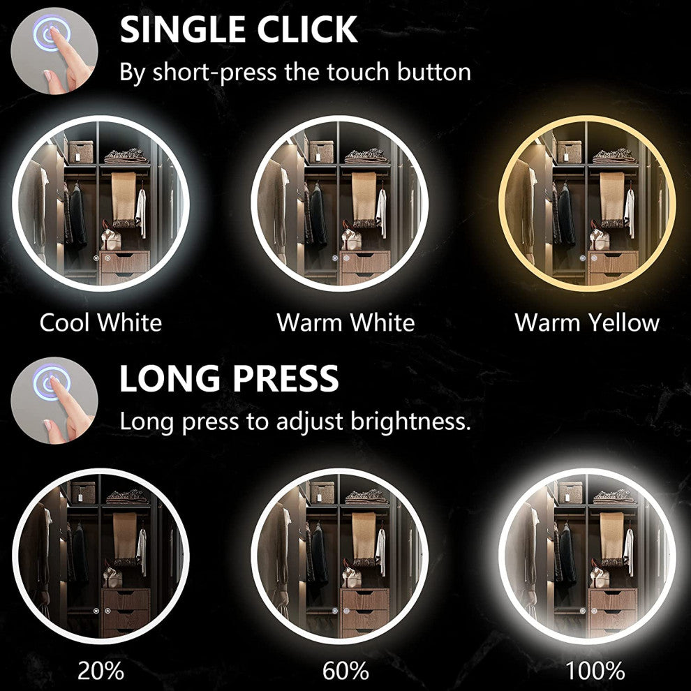 Bathroom LED Make Up Mirror Smart Touch Control 3 Color Dimming Light Waterproof