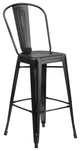 30" High Distressed Black Metal Indoor-Outdoor Barstool With Back
