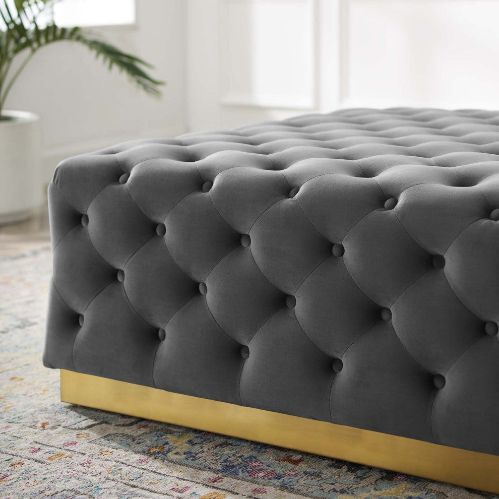 Tufted Accent Chair Ottoman, Square, Velvet, Gray, Modern, Lounge