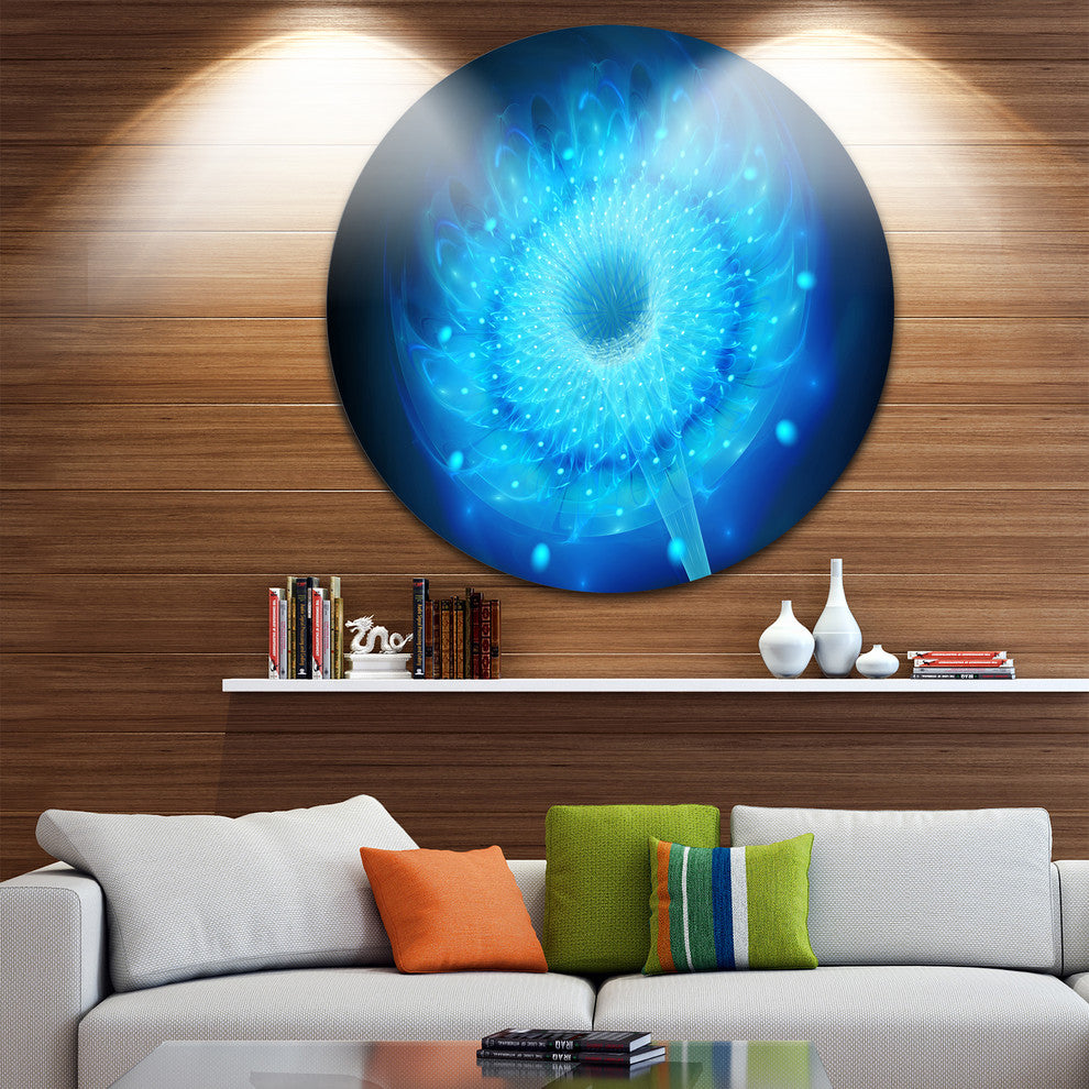 Glowing Blue Fractal Flower On Black, Floral Round Wall Art, 23"