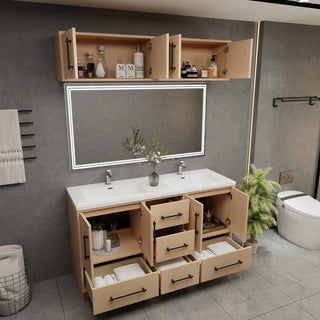 Victoria 60" Solid Wood Vanity Double Sink, Overhead Cabinet, Yellow Oak