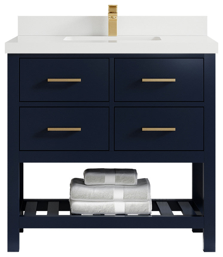 Parker 36 Single Sink Bath Vanity in Navy Blue  2" White Quartz