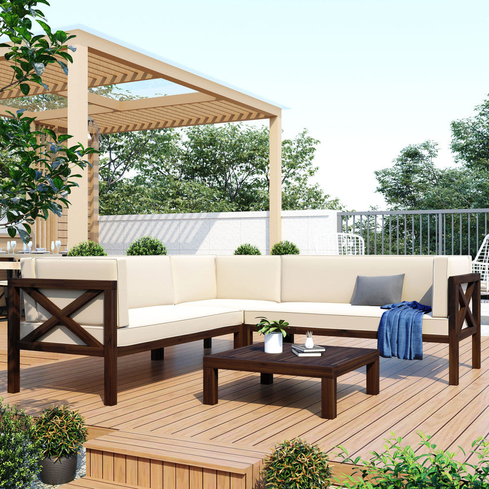 4 Pieces Outdoor Wood Patio Sectional sofa set With Cushions and Table