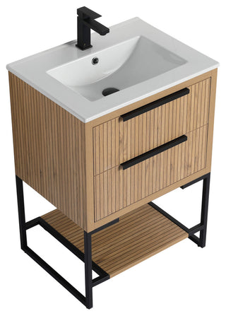 Kingsford Grooved-Look Bath Vanity, Bright Oak, White Ceramic Sink, 24", Drawers