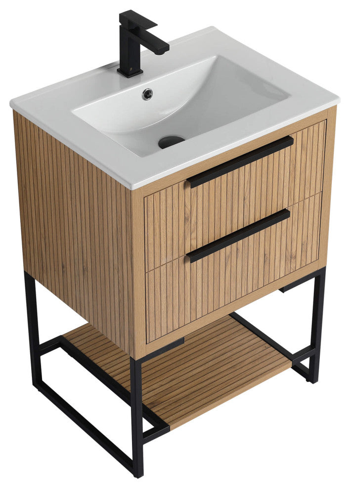 Kingsford Grooved-Look Bath Vanity, Bright Oak, White Ceramic Sink, 24", Drawers