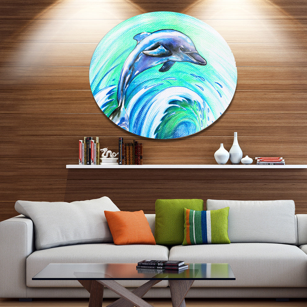 Jumping Dolphin Watercolor, Animal Round Metal Wall Art, 23"