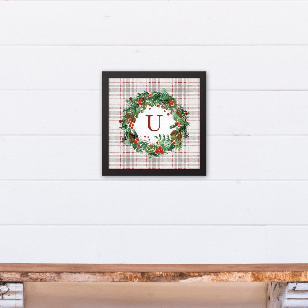 Holiday Gray Plaid Monogram Wreath U 12x12 Black Framed Canvas