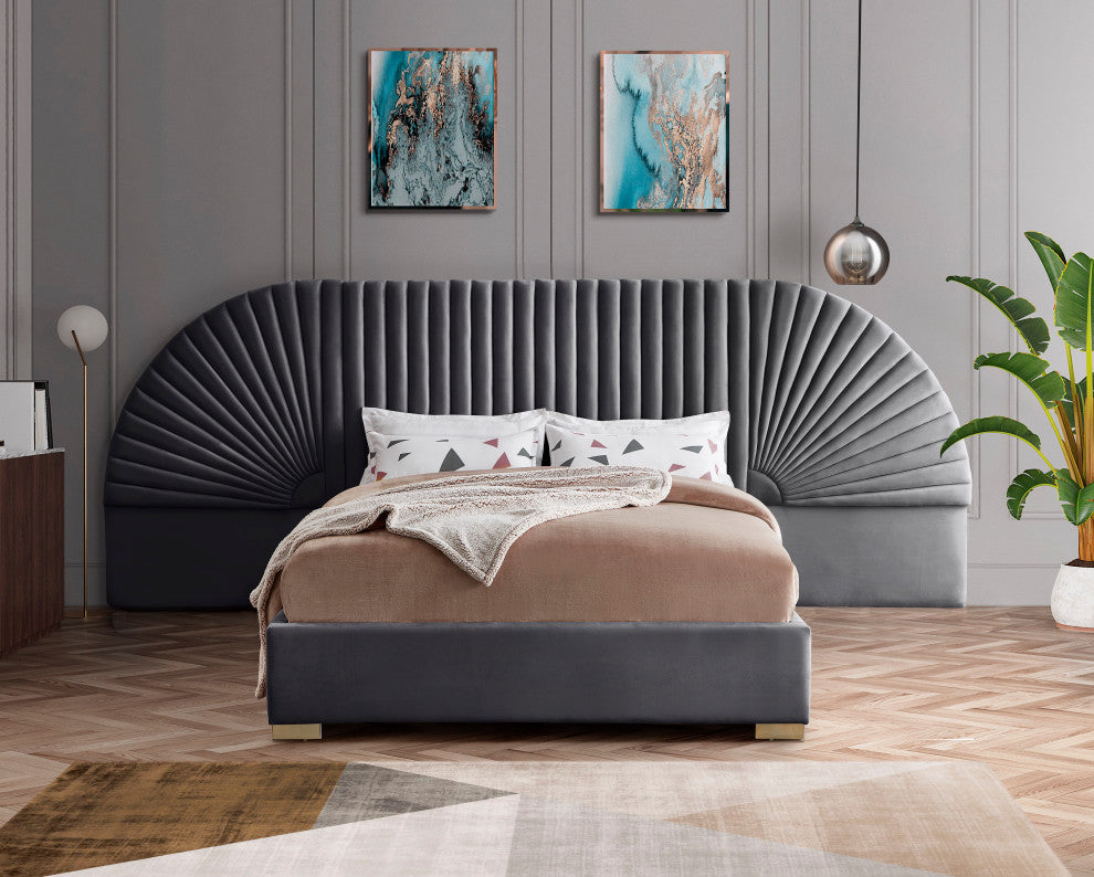 Cleo Velvet Upholstered Bed With Custom Gold Steel Legs, Gray, Queen
