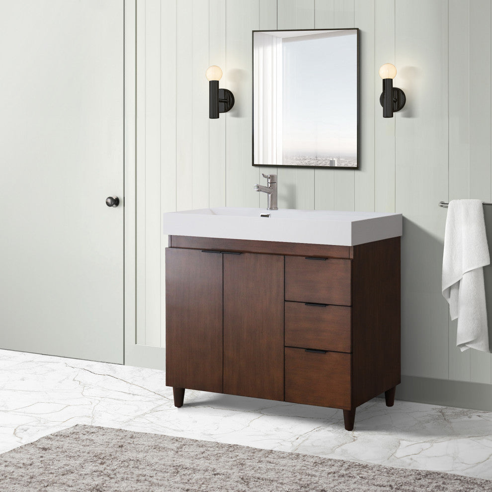 39" Single Sink Vanity, Walnut With White Composite Granite Top