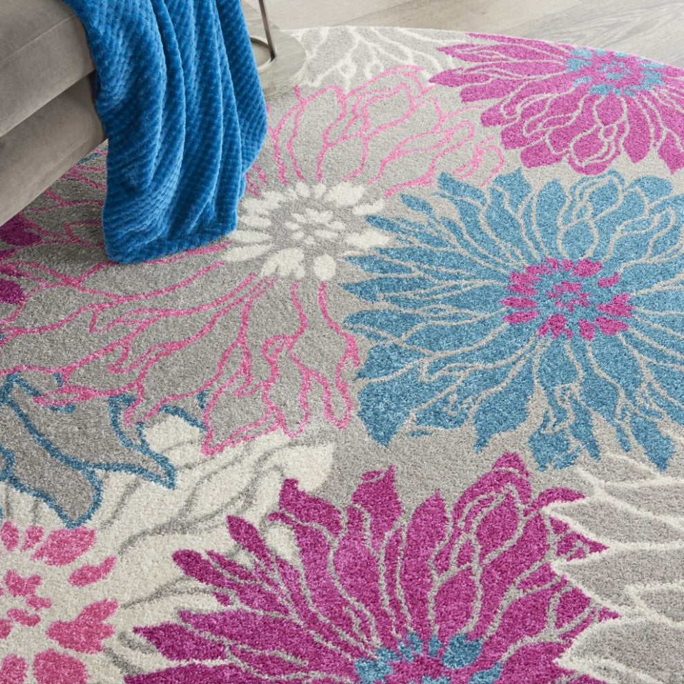 8 Round Gray and Pink Tropical Flower Area Rug