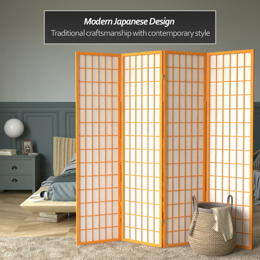 6' Tall Window Pane Shoji Screen, Honey, 4 Panels