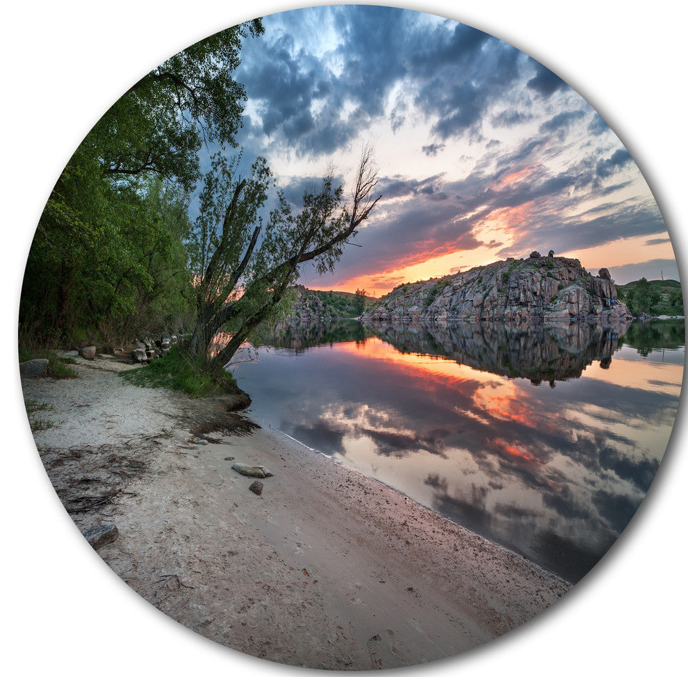 Sunset At River With Rock, Landscape Photo Disc Metal Wall Art, 23"
