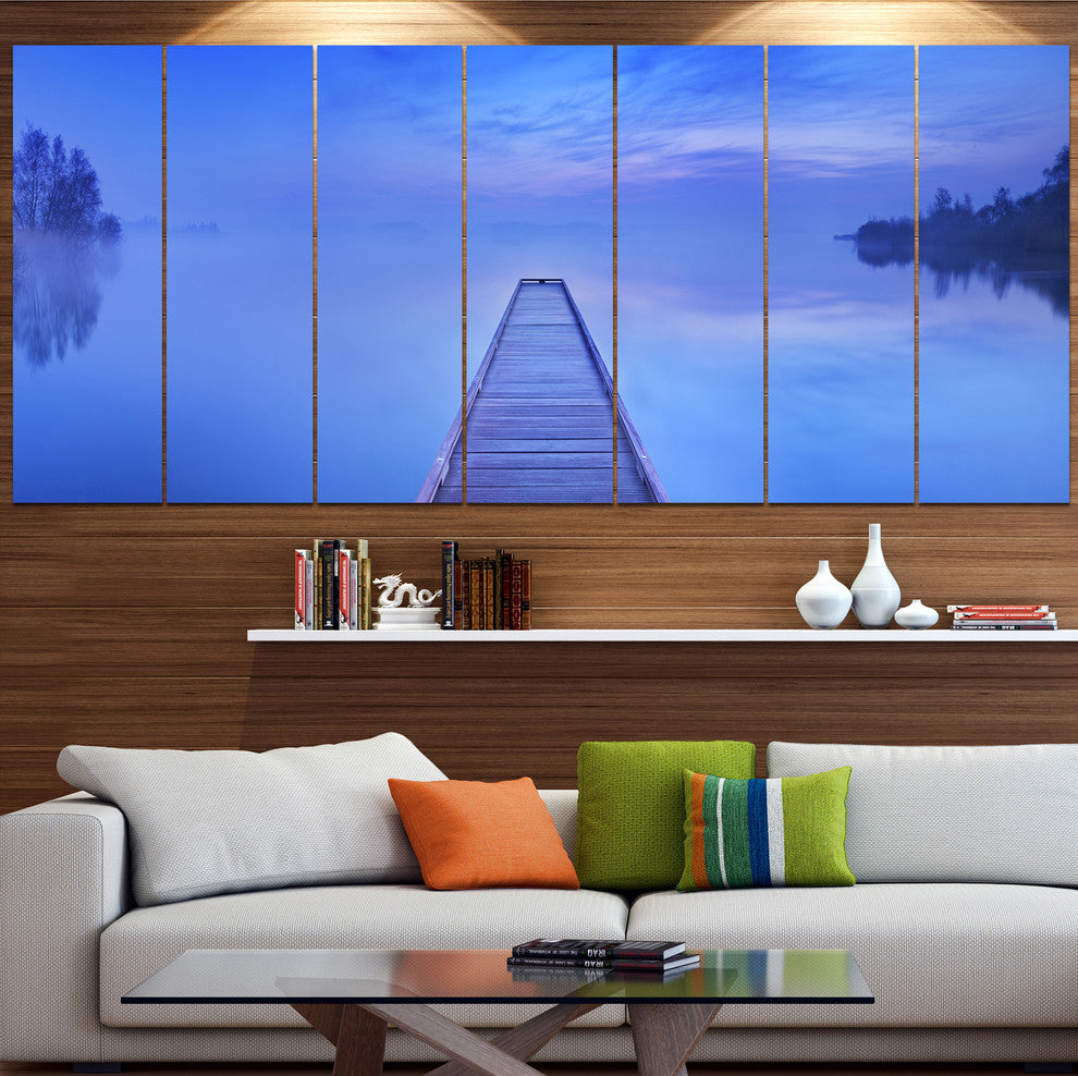 Jetty at Blue Dawn Panorama, Bridge Canvas Art Print, 83"x32", 7 Panels