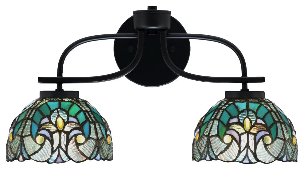 Cavella 2 Light Bath Bar In Matte Black Finish, 7" Turquoise Cypress Art Glass