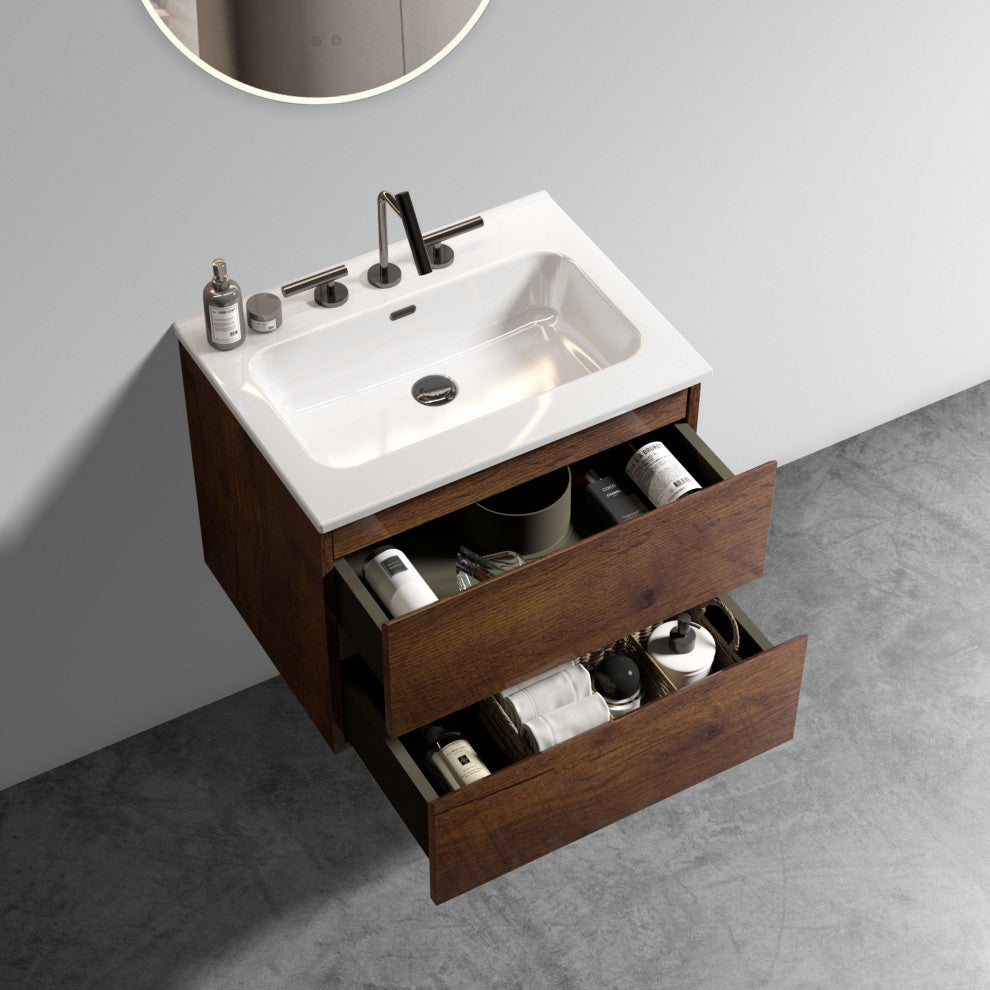 Wall-Mounted Bathroom Vanity Set with Ceramic Sink with three faucet holes, Walnut, 24"