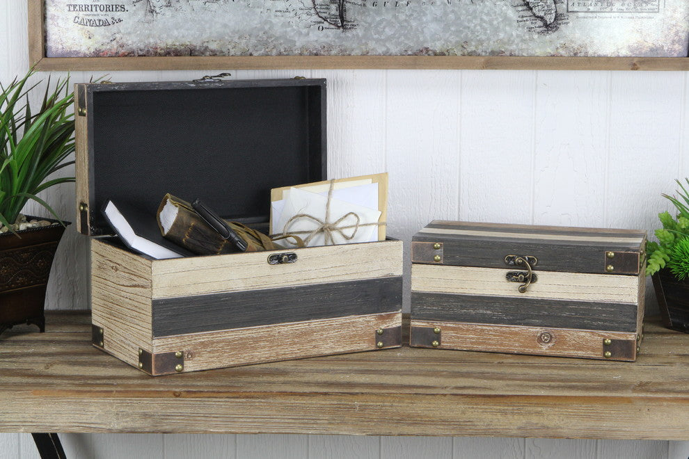 Wood Panel Storage Boxes, Bronze Metal Accents, 2-Piece Set