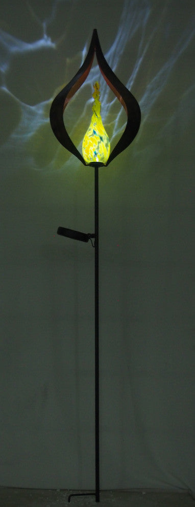 Solar Hand Blown Glass Yellow Flame Garden Stake Outdoor Yard Art