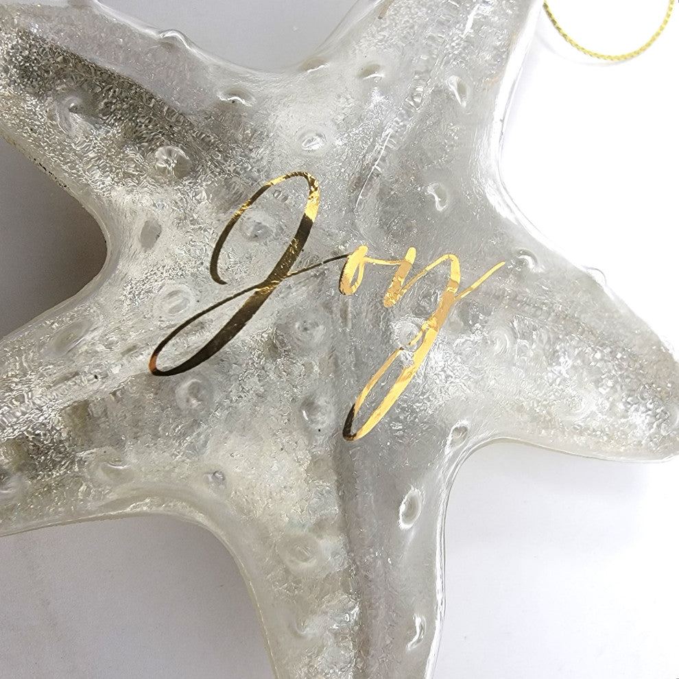 Coastal Clear Starfish Ornament Art Glass Gold Holiday 4 in Sparkly, Clear/Silver - Joy