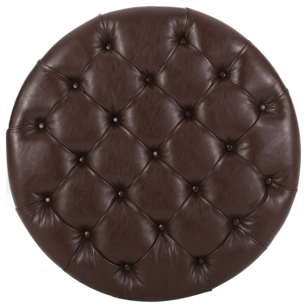 Baynes Faux Leather Tufted Wood Round Ottoman, Open Shelf, Dark Brown + Espresso
