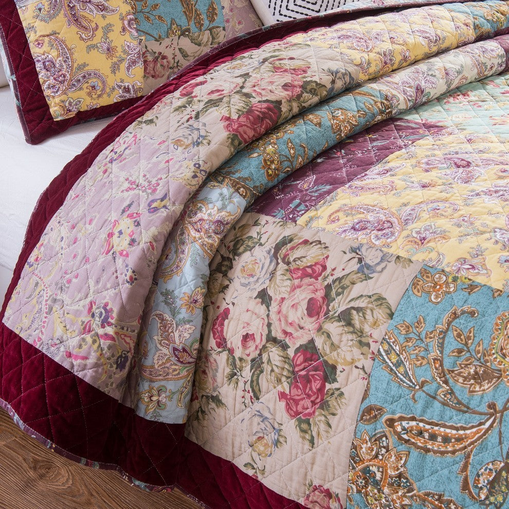 Bohemian Burgundy Red Velvet Trim Floral Paisley Patchwork Bedspread Set, King