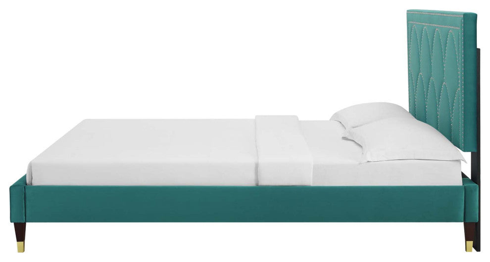 Platform Bed Frame, Nailhead, Queen Size, Teal Blue, Velvet, Modern