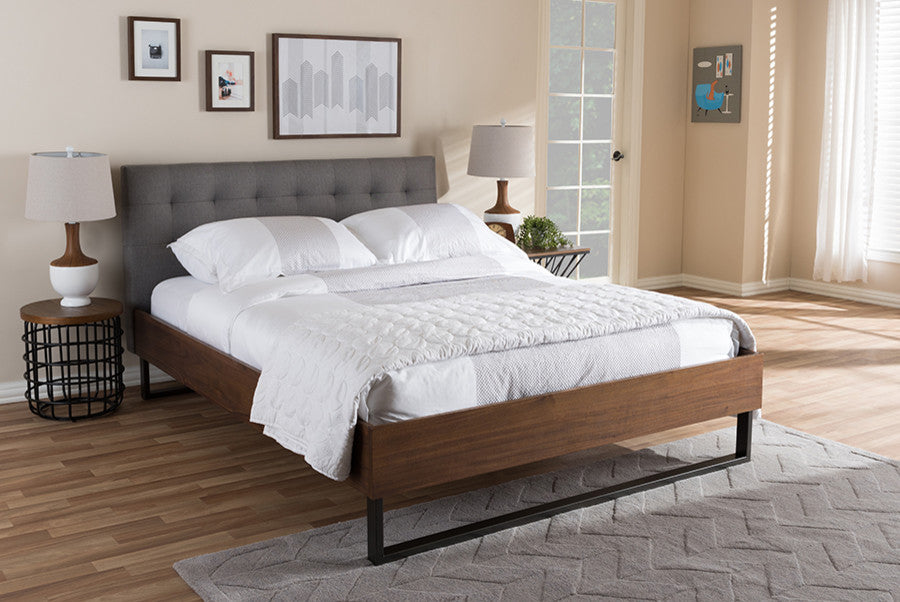 Mitchell Walnut Wood Gray Fabric Dark Bronze Metal Full Platform Bed