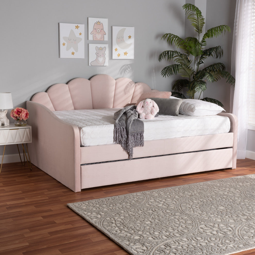 Rankin Queen Size Daybed With Trundle, Light Pink Velvet